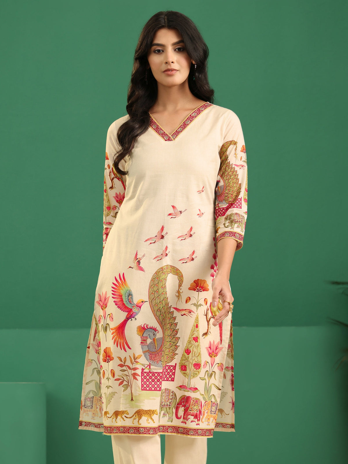 sanjhshringar Cream Heritage Print Cotton Straight Suit Set