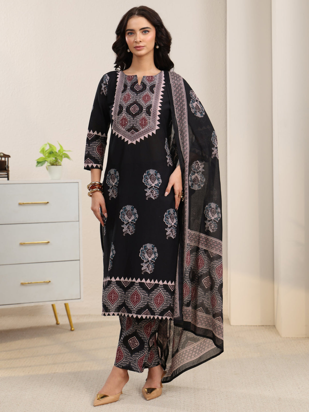 sanjhshringar Black Ajrakh Cotton Straight Suit Set