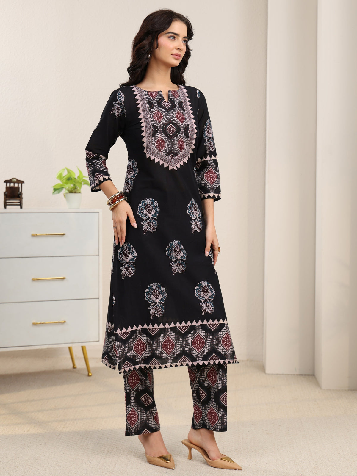 sanjhshringar Black Ajrakh Cotton Straight Suit Set