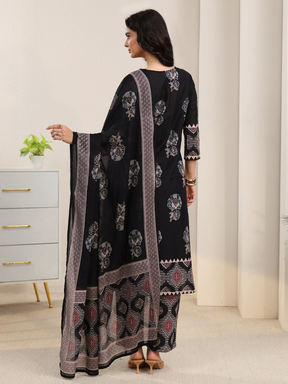sanjhshringar Black Ajrakh Cotton Straight Suit Set