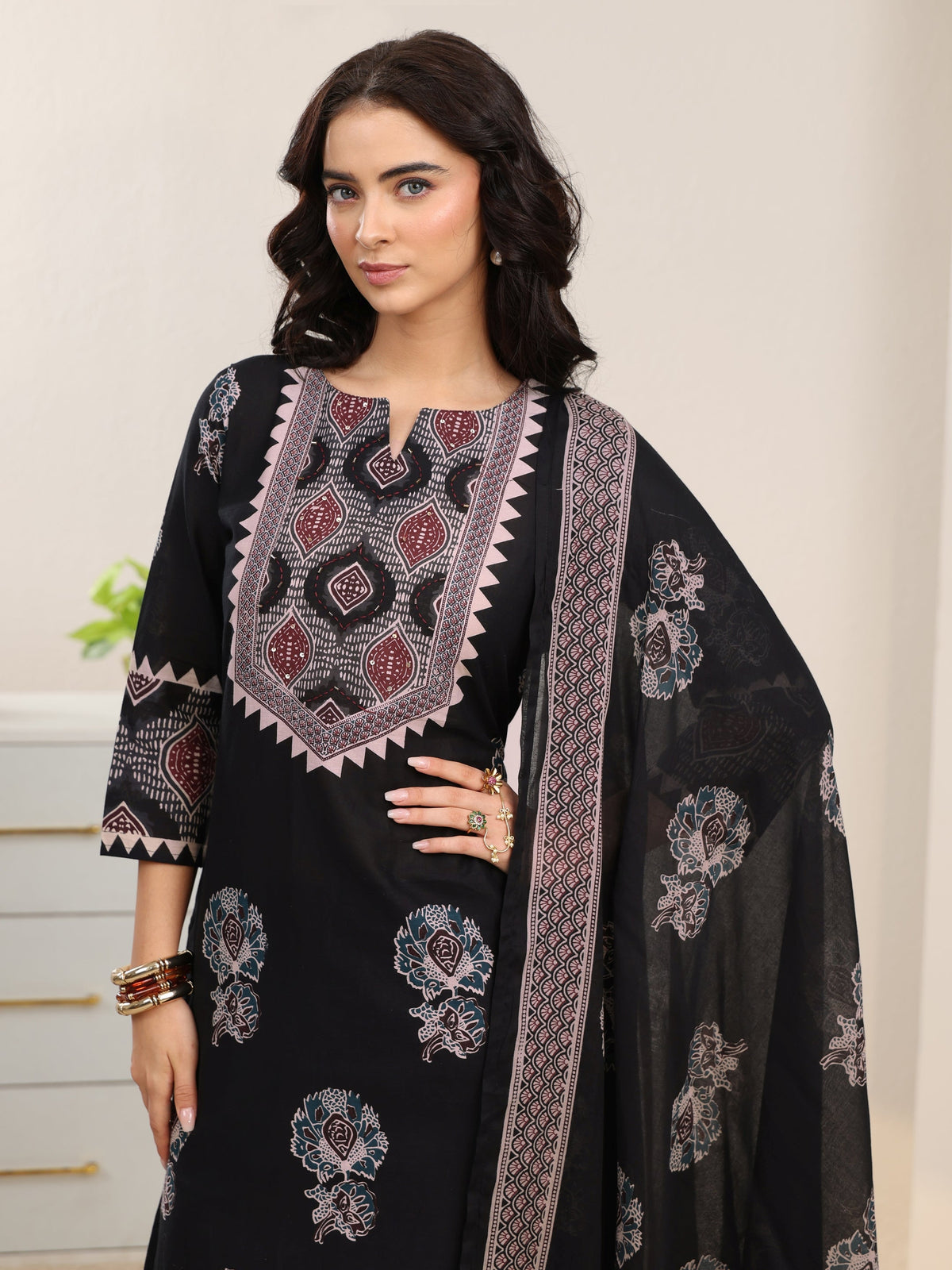 sanjhshringar Black Ajrakh Cotton Straight Suit Set