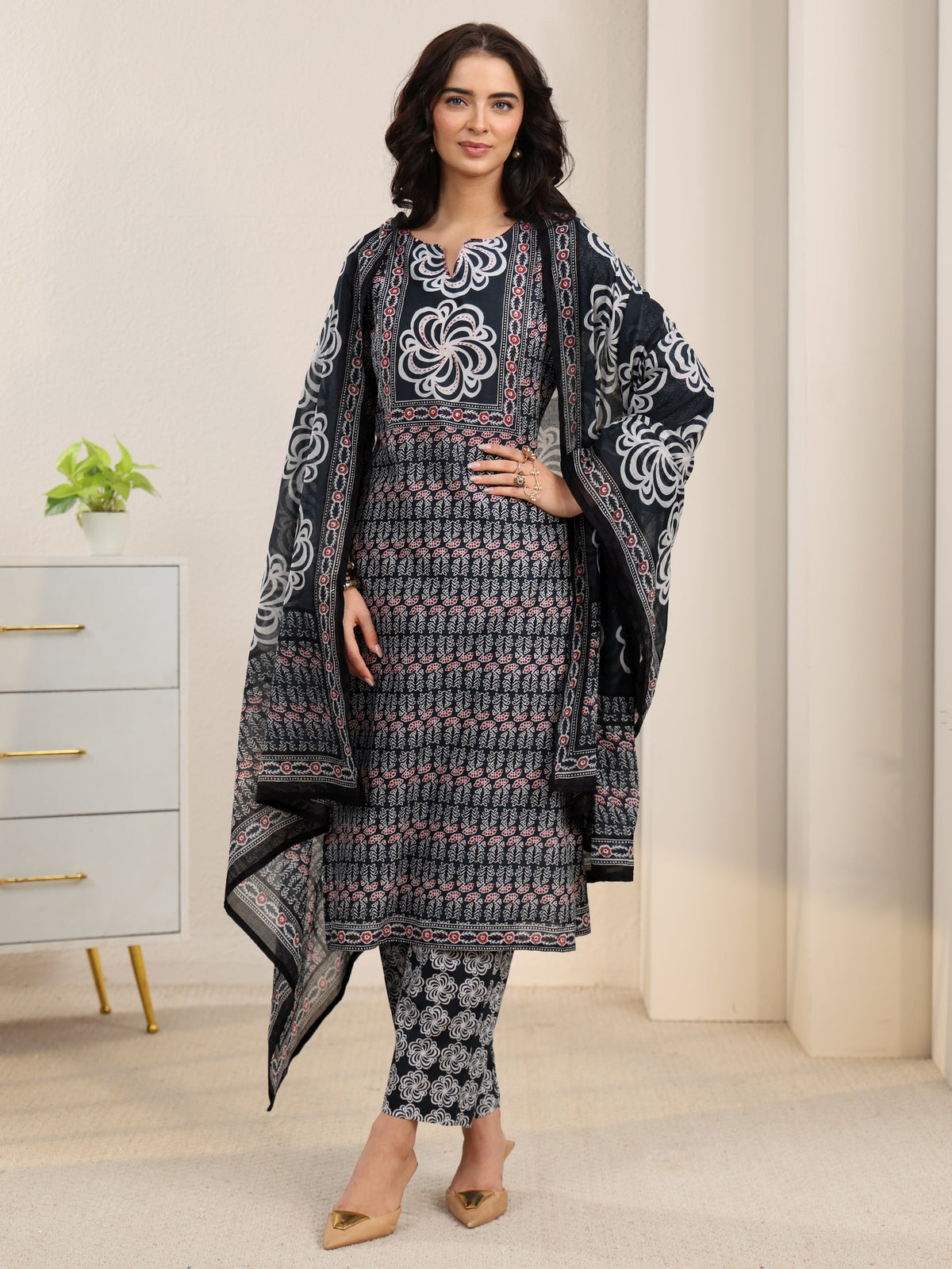 sanjhshringar Dark Grey Dabu Print Cotton Straight Suit Set