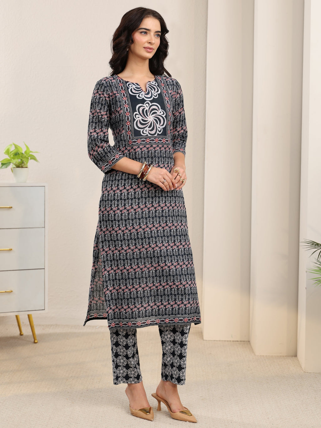 sanjhshringar Dark Grey Dabu Print Cotton Straight Suit Set