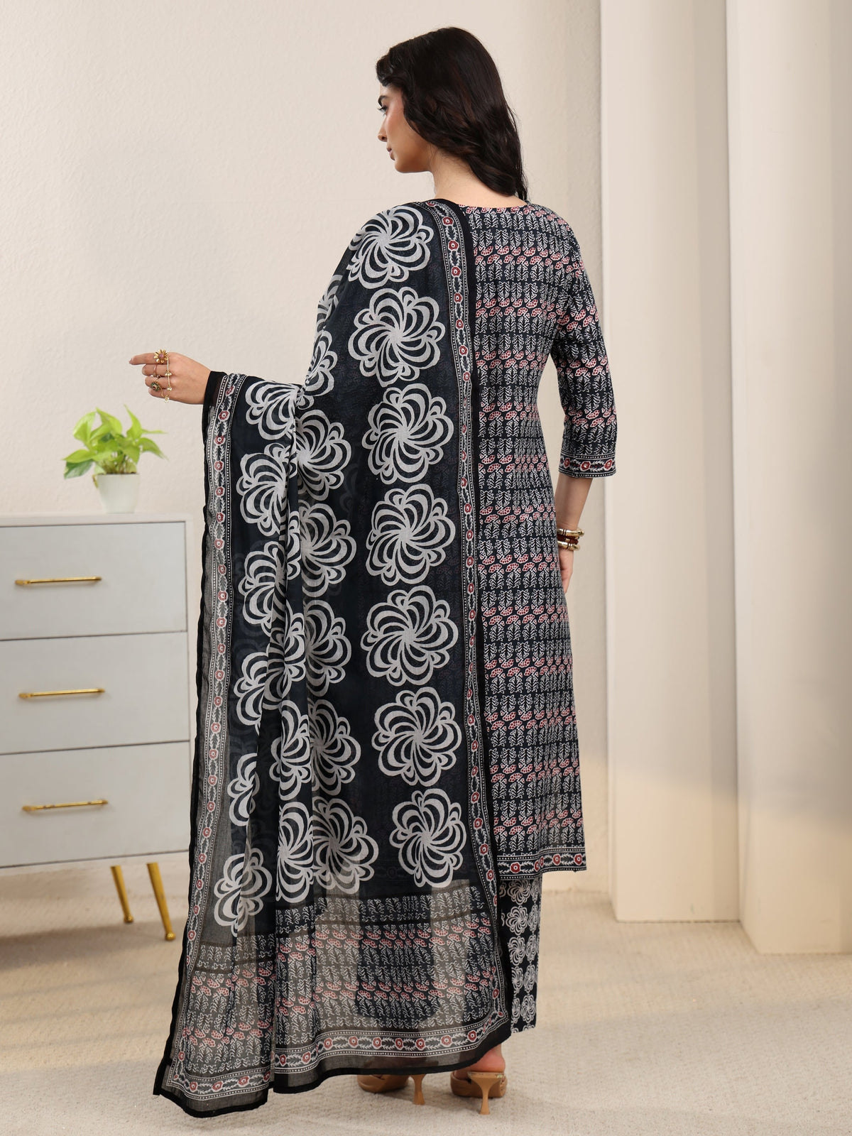 sanjhshringar Dark Grey Dabu Print Cotton Straight Suit Set
