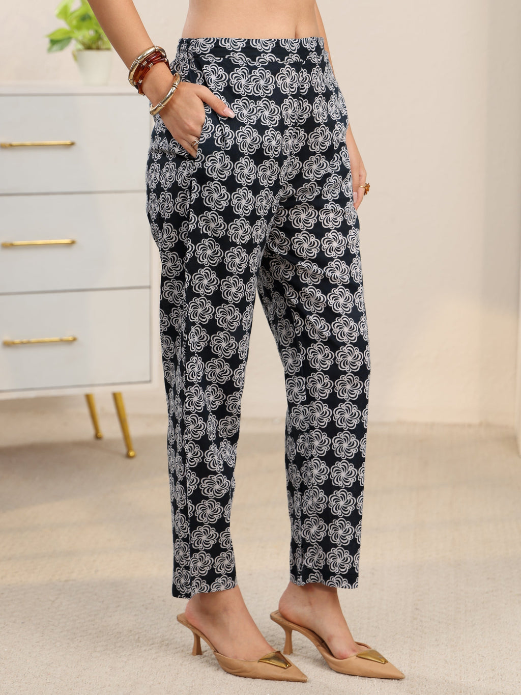 sanjhshringar Dark Grey Dabu Print Cotton Straight Suit Set
