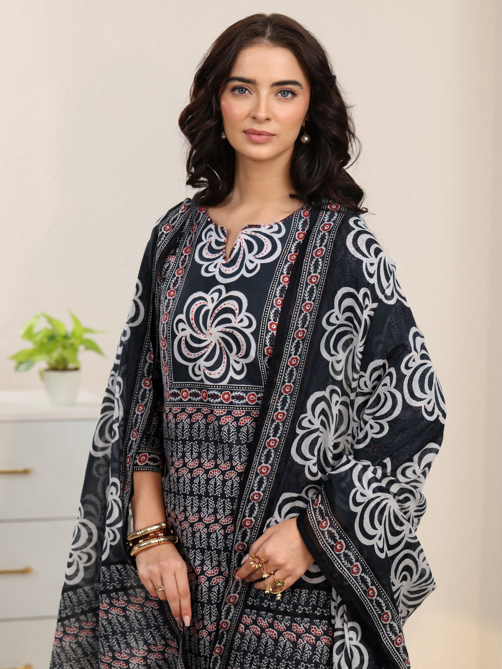 sanjhshringar Dark Grey Dabu Print Cotton Straight Suit Set