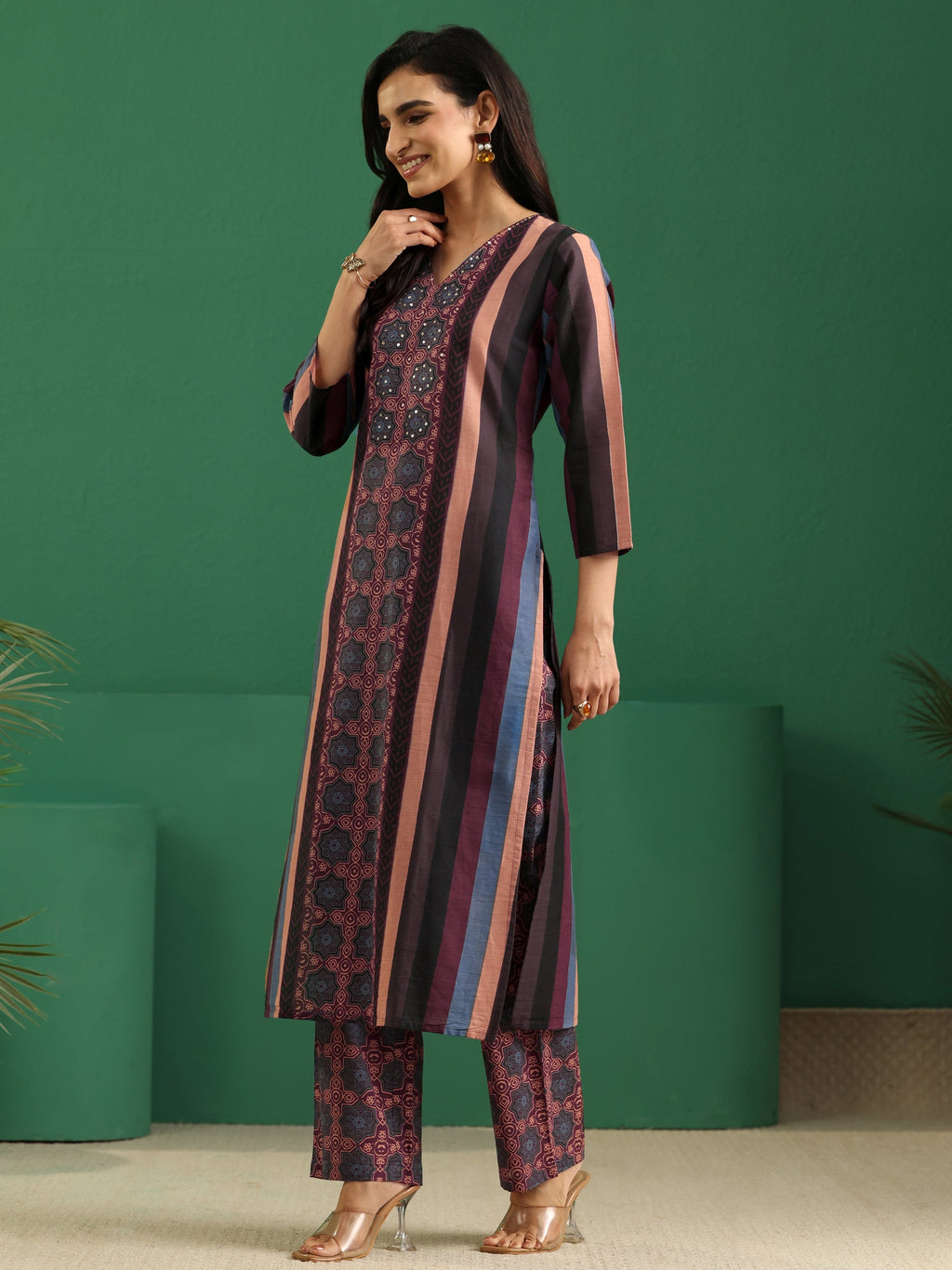 sanjhshringar Multi Colour Ajrakh Cotton Straight Suit Set