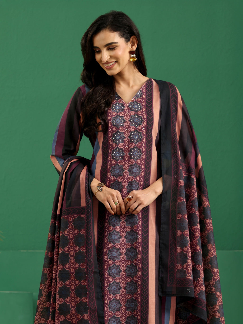 sanjhshringar Multi Colour Ajrakh Cotton Straight Suit Set