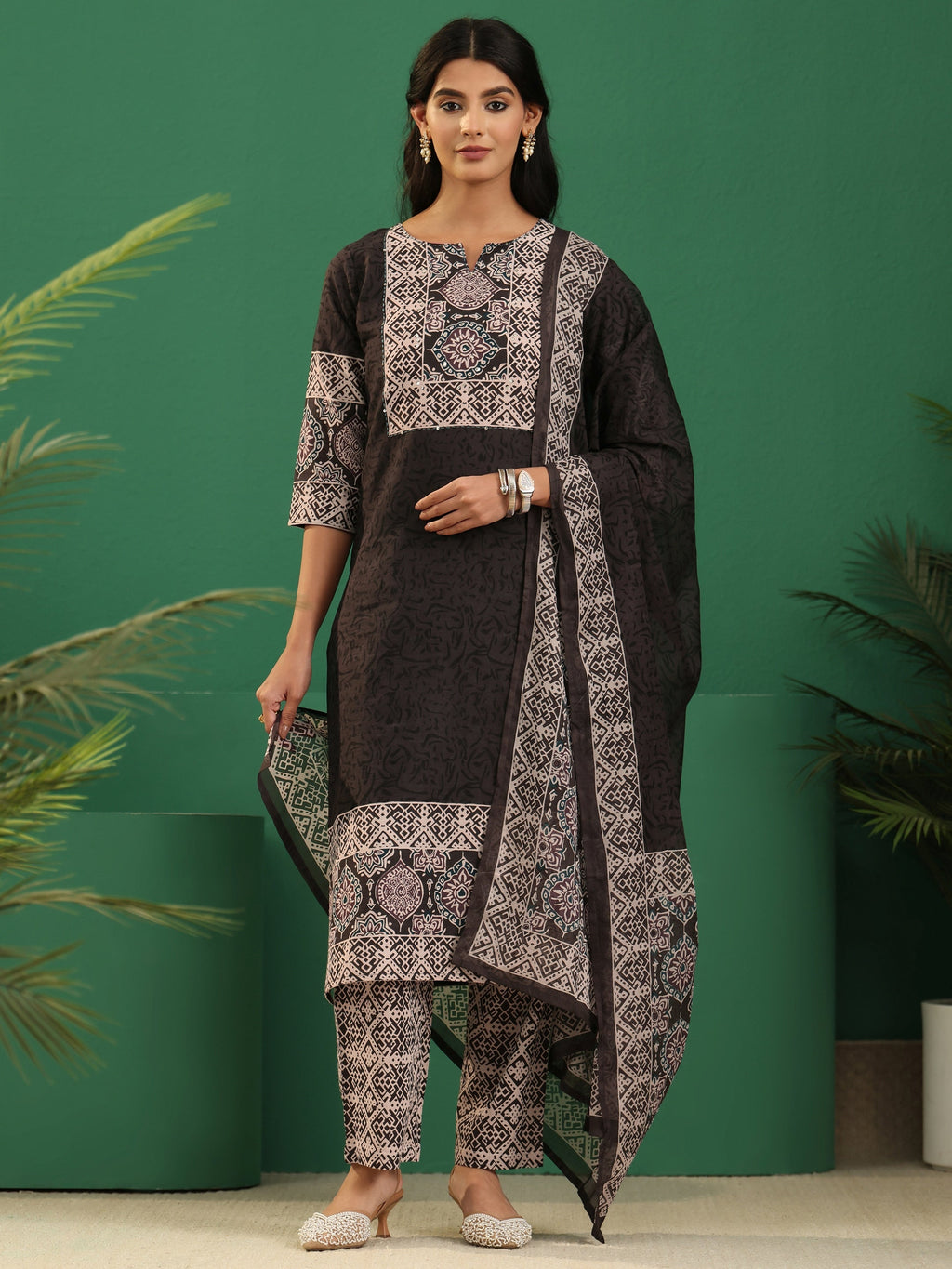sanjhshringar Brown Ajrakh Cotton Straight Suit Set