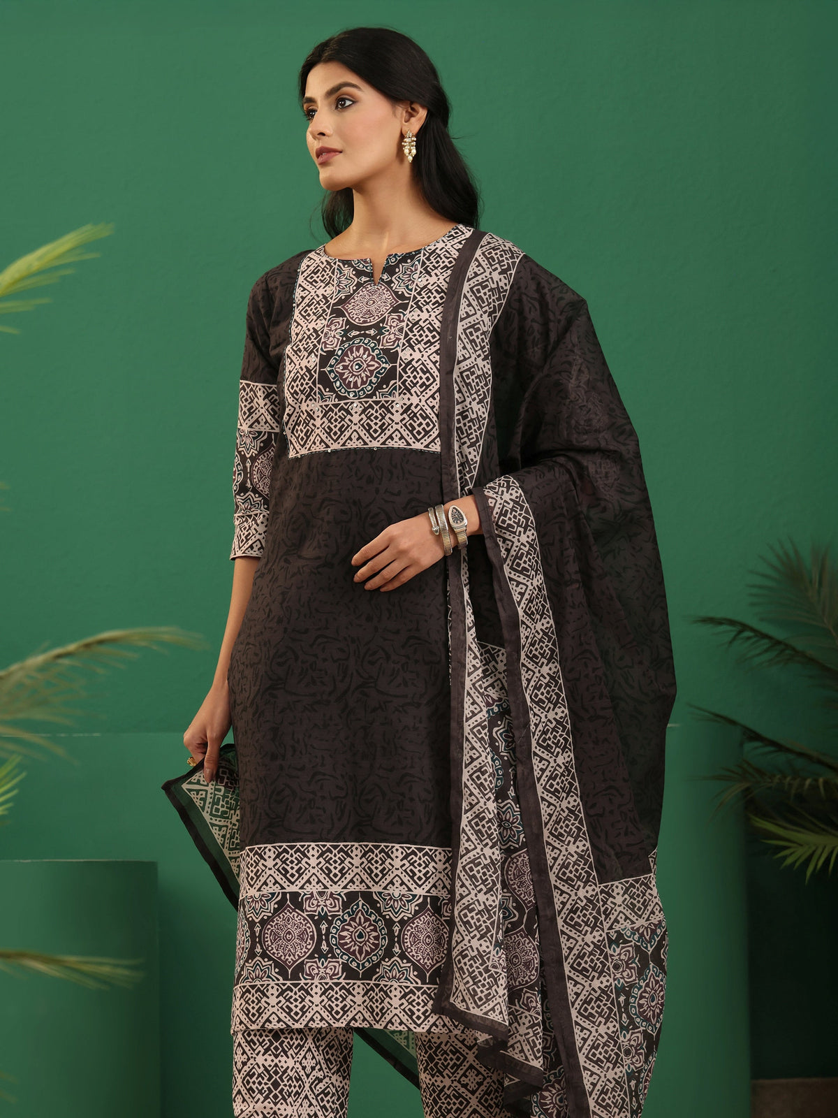 sanjhshringar Brown Ajrakh Cotton Straight Suit Set