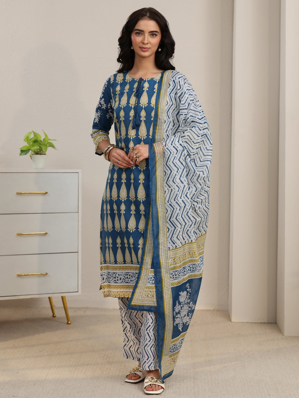 sanjhshringar Cobalt Blue Printed Cotton Straight Suit Set