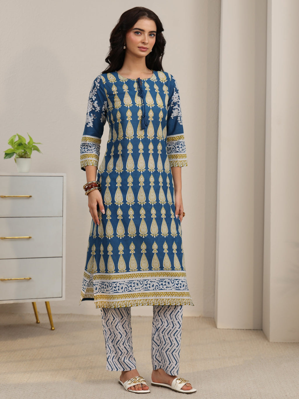 sanjhshringar Cobalt Blue Printed Cotton Straight Suit Set