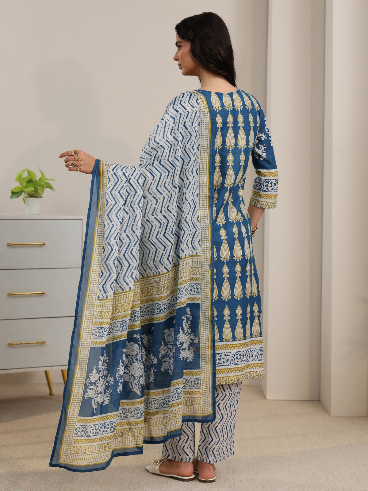 sanjhshringar Cobalt Blue Printed Cotton Straight Suit Set