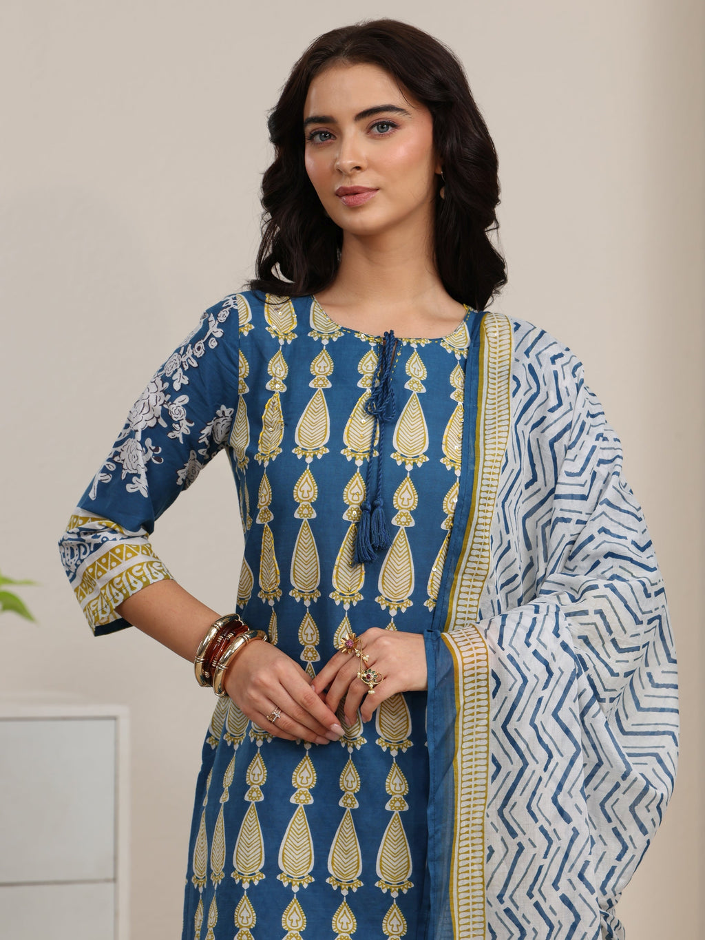 sanjhshringar Cobalt Blue Printed Cotton Straight Suit Set