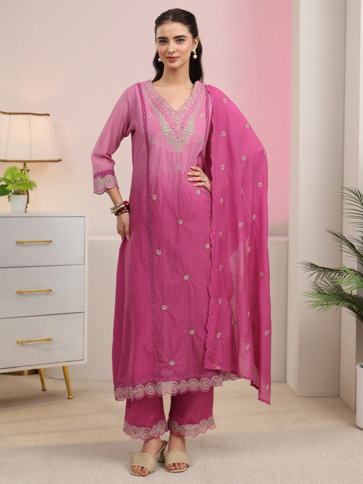 sanjhshringar Rani Pink Embroidered Silk Blend A-Line Suit Set