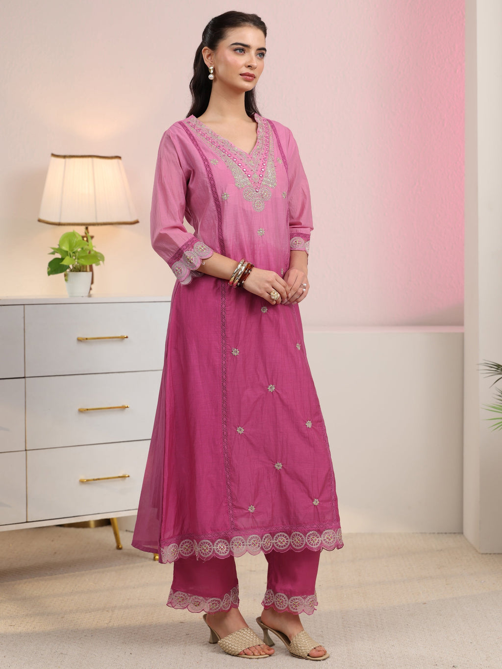 sanjhshringar Rani Pink Embroidered Silk Blend A-Line Suit Set