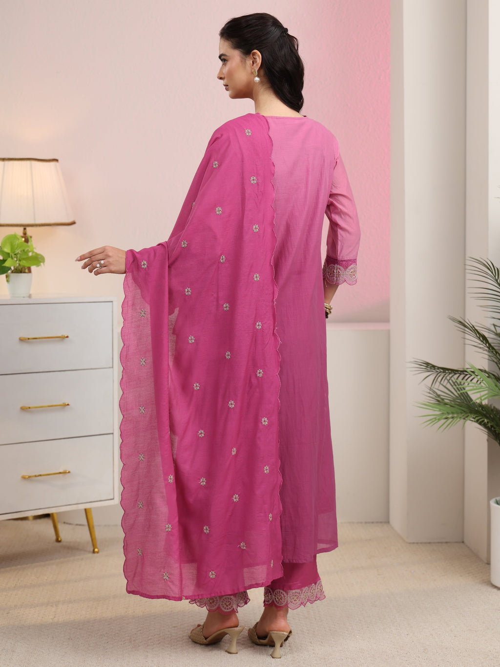 sanjhshringar Rani Pink Embroidered Silk Blend A-Line Suit Set