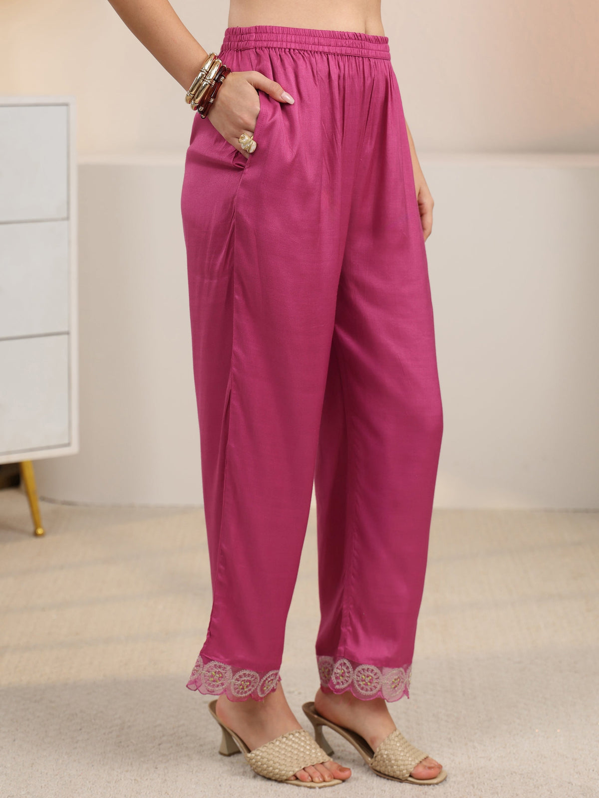 sanjhshringar Rani Pink Embroidered Silk Blend A-Line Suit Set