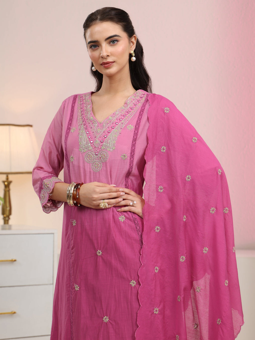 sanjhshringar Rani Pink Embroidered Silk Blend A-Line Suit Set