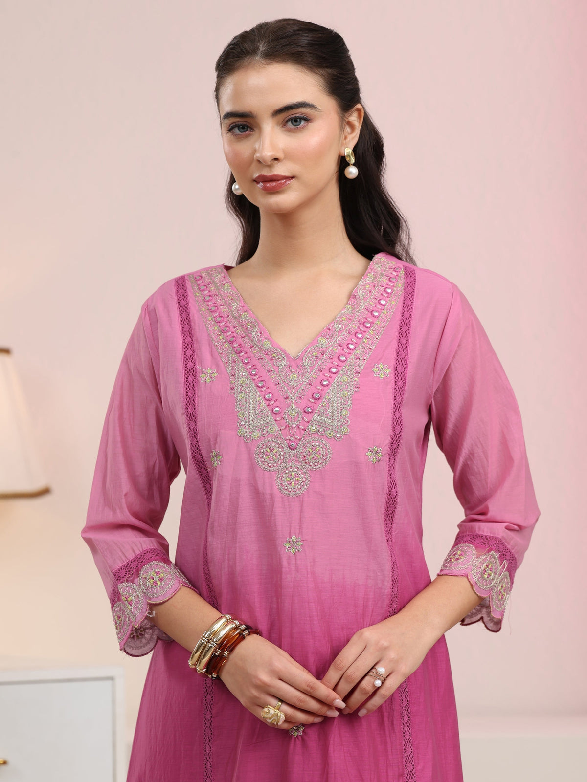 sanjhshringar Rani Pink Embroidered Silk Blend A-Line Suit Set