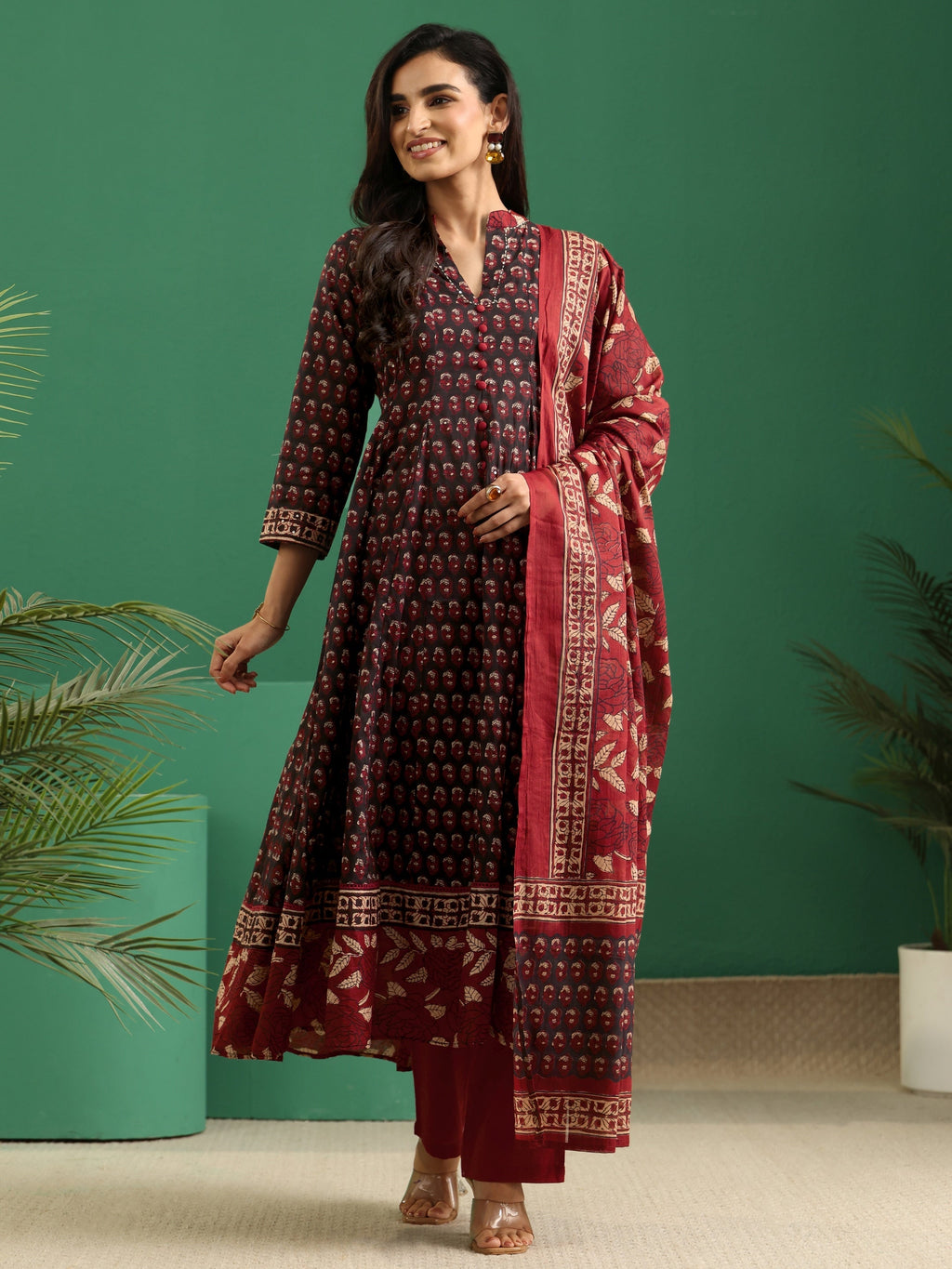 sanjhshringar Black Ajrakh Cotton Anarkali Suit Set