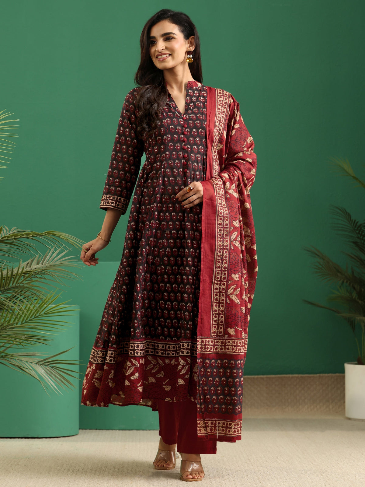 sanjhshringar Black Ajrakh Cotton Anarkali Suit Set