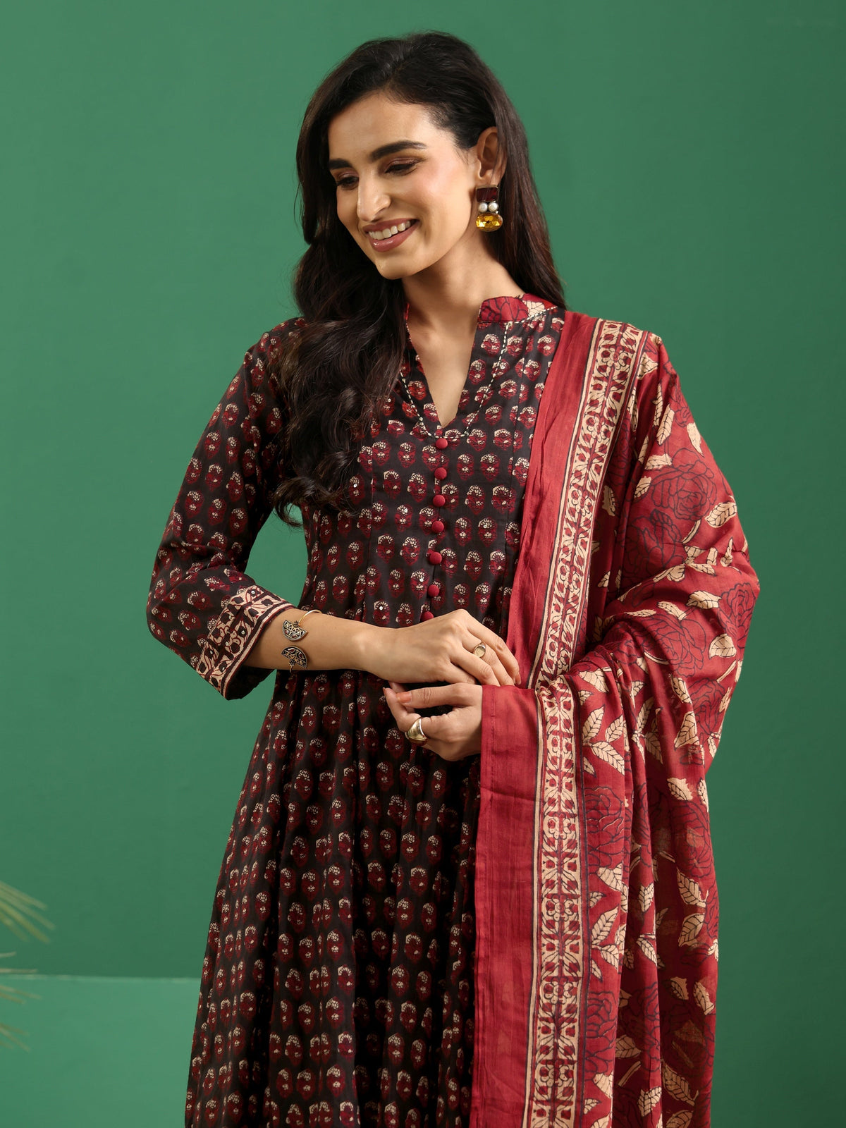 sanjhshringar Black Ajrakh Cotton Anarkali Suit Set