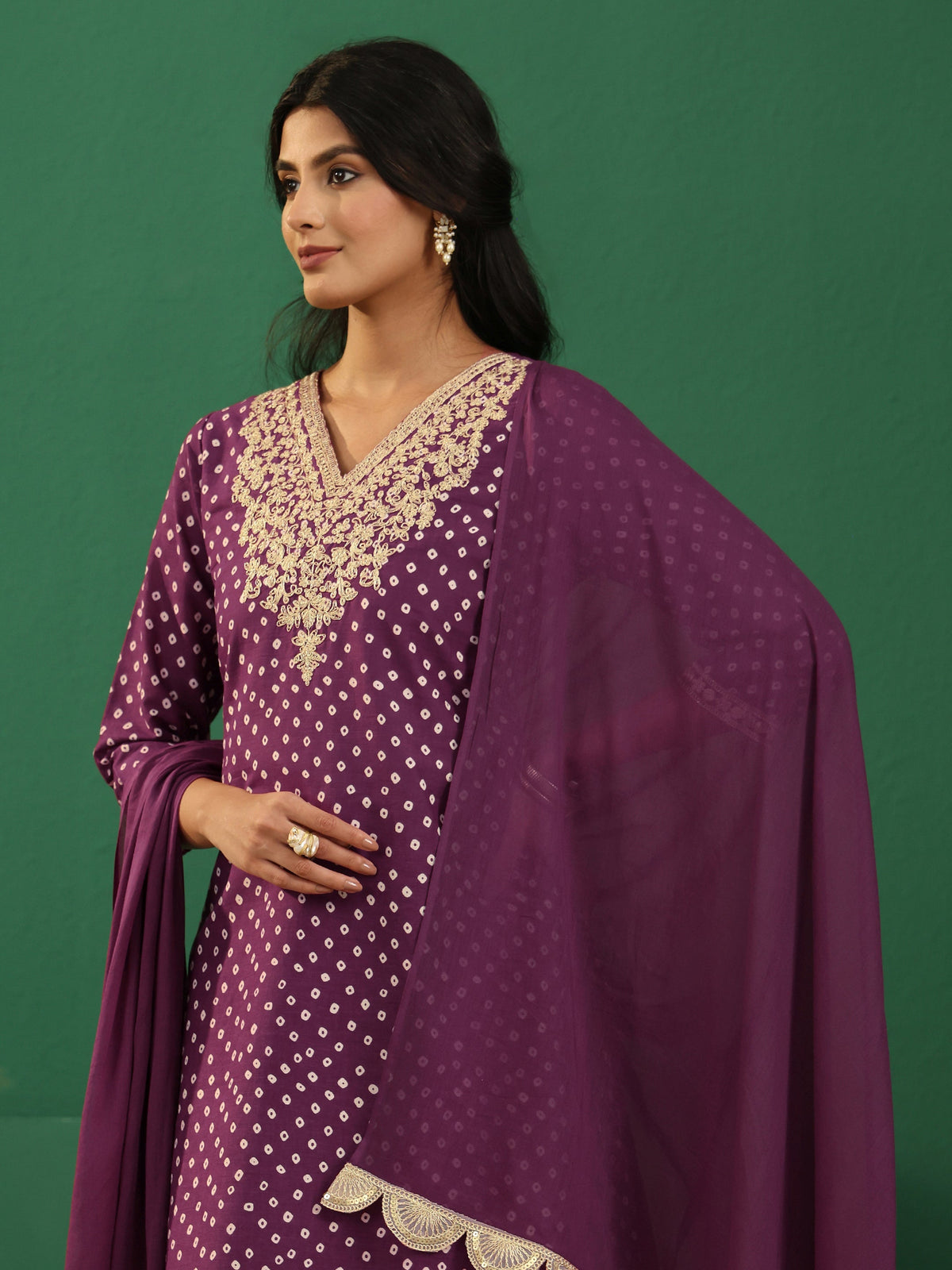 sanjhshringar Burgundy Bandhani Cotton Straight Suit Set