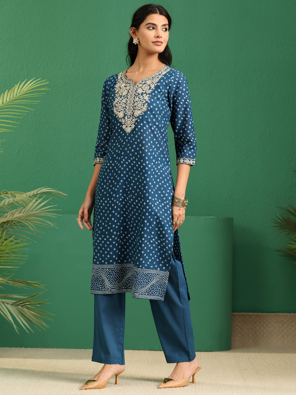 sanjhshringar Peacock Blue Bandhani Cotton Straight Suit Set