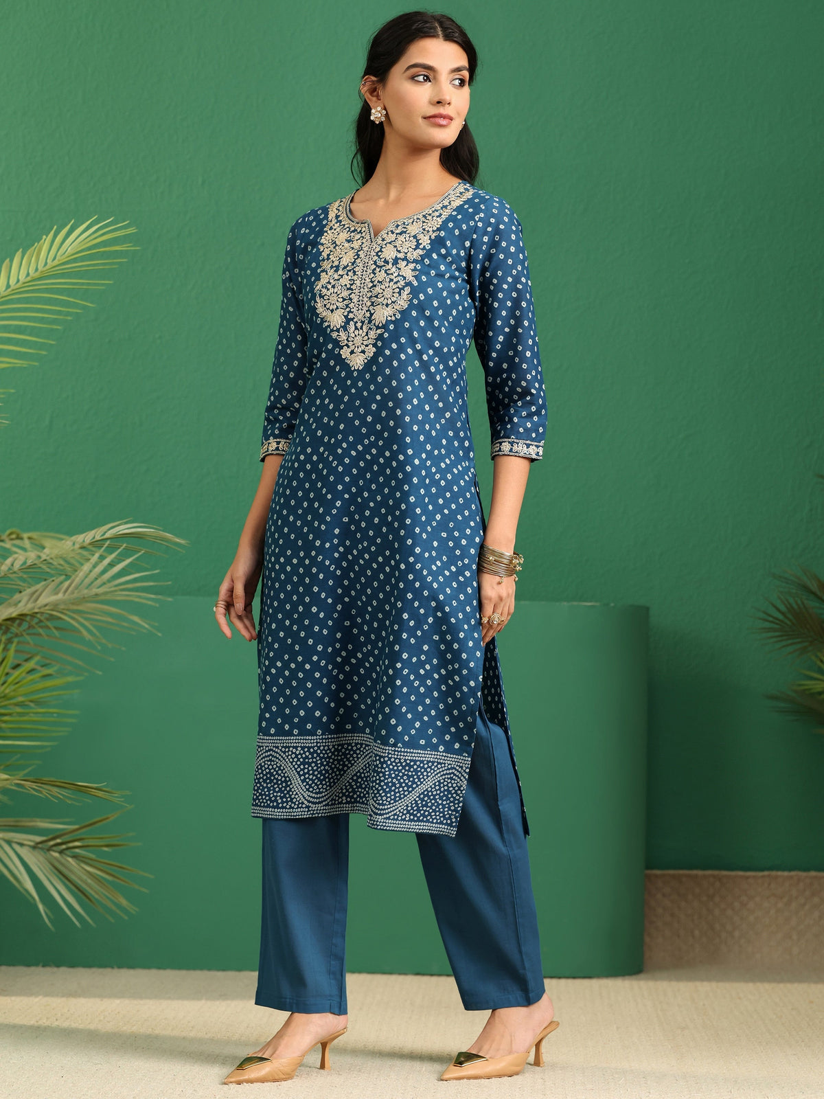 sanjhshringar Peacock Blue Bandhani Cotton Straight Suit Set