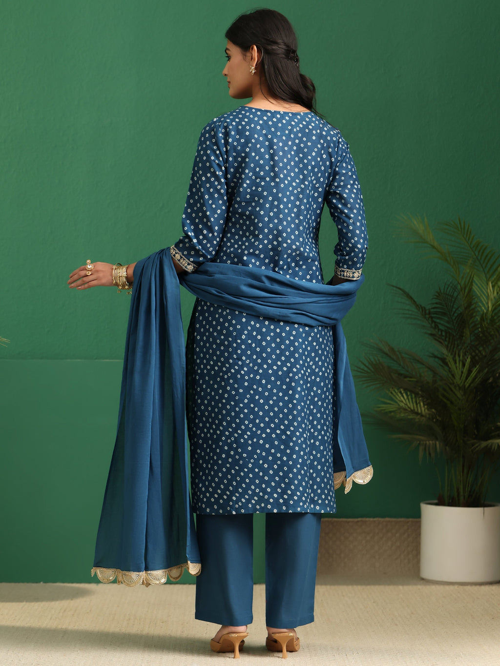 sanjhshringar Peacock Blue Bandhani Cotton Straight Suit Set