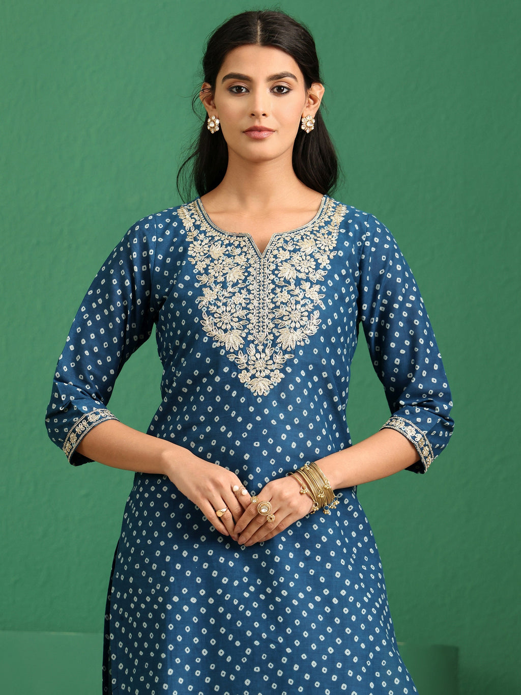 sanjhshringar Peacock Blue Bandhani Cotton Straight Suit Set