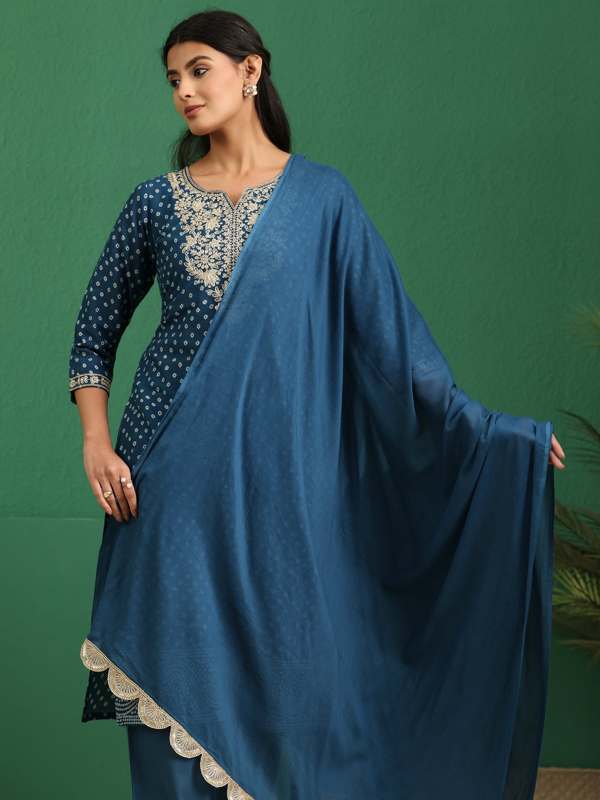 sanjhshringar Peacock Blue Bandhani Cotton Straight Suit Set