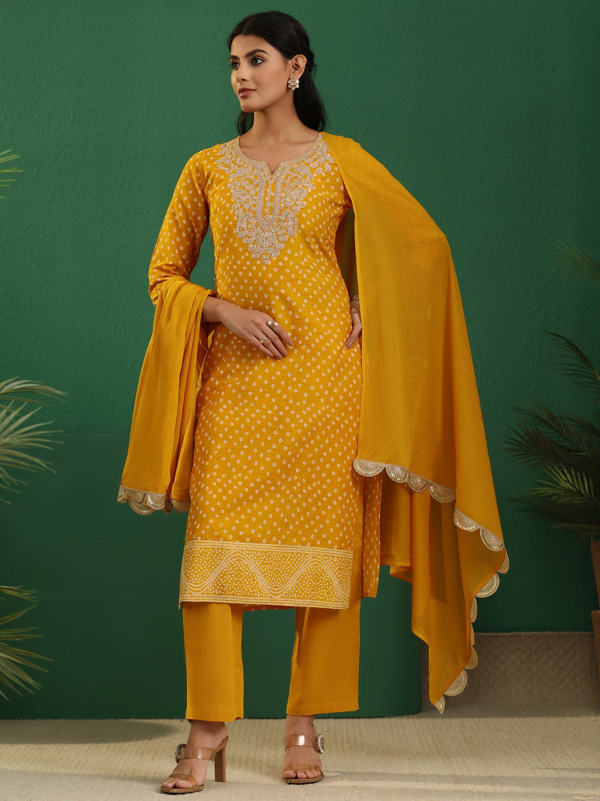 sanjhshringar Mustard Bandhani Cotton Straight Suit Set