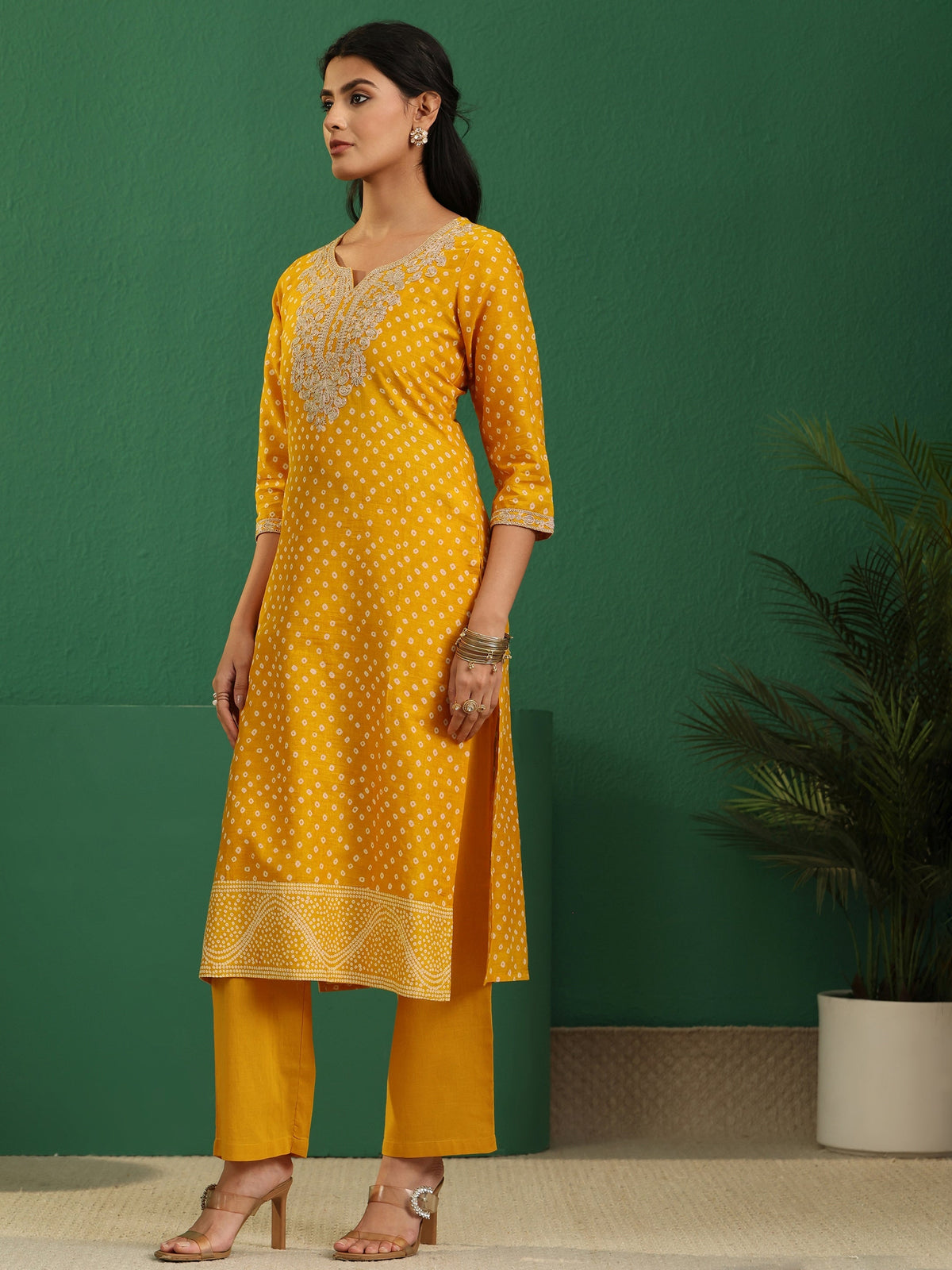 sanjhshringar Mustard Bandhani Cotton Straight Suit Set