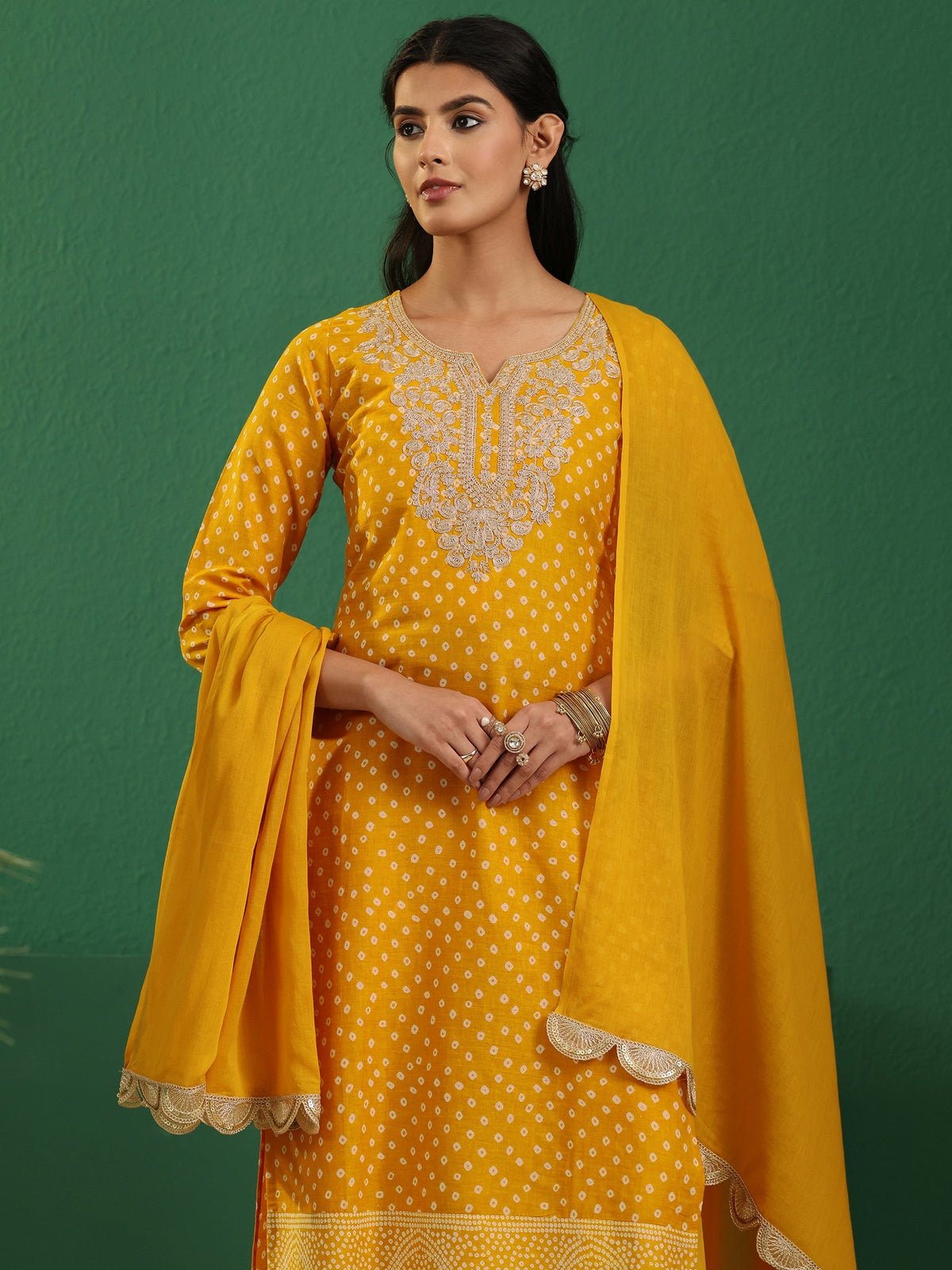 sanjhshringar Mustard Bandhani Cotton Straight Suit Set