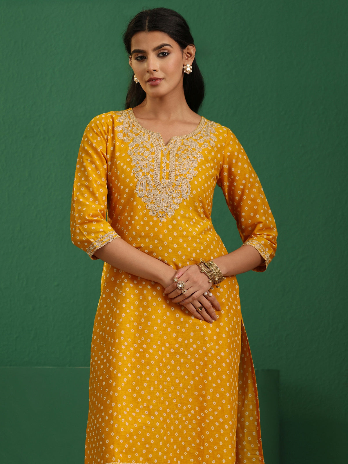 sanjhshringar Mustard Bandhani Cotton Straight Suit Set