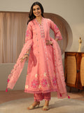 sanjhshringar Pink Floral Embroidered Silk Blend A-Line Suit Set With Dupatta
