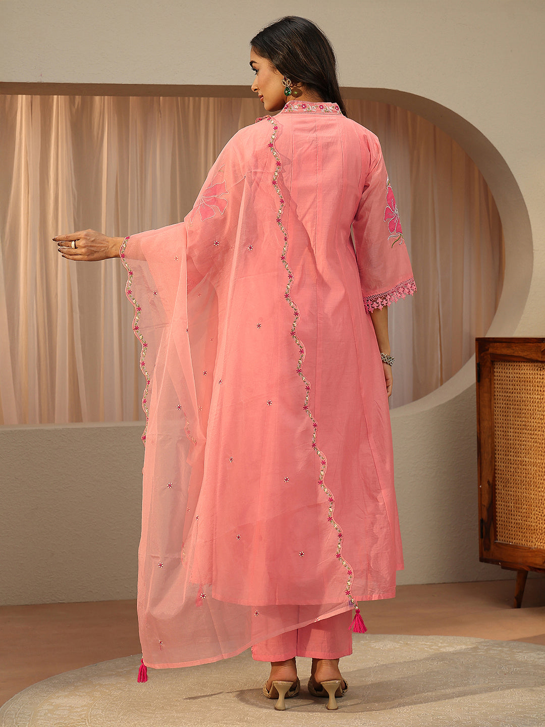 sanjhshringar Pink Floral Embroidered Silk Blend A-Line Suit Set With Dupatta