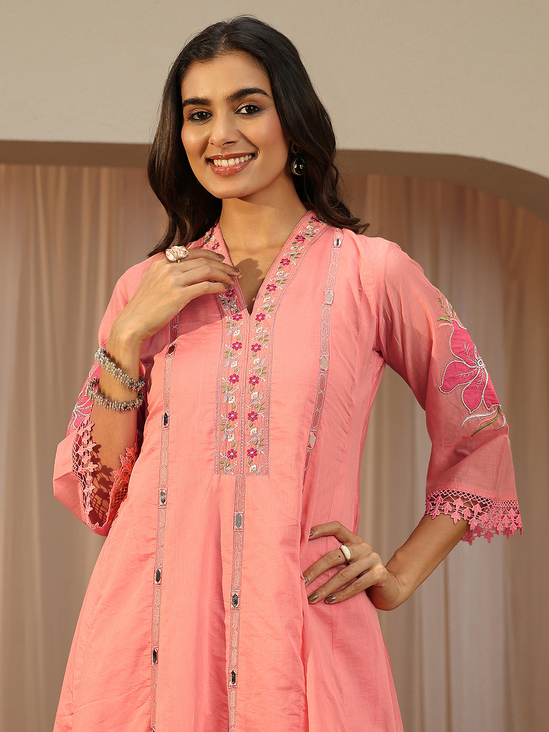 sanjhshringar Pink Floral Embroidered Silk Blend A-Line Suit Set With Dupatta
