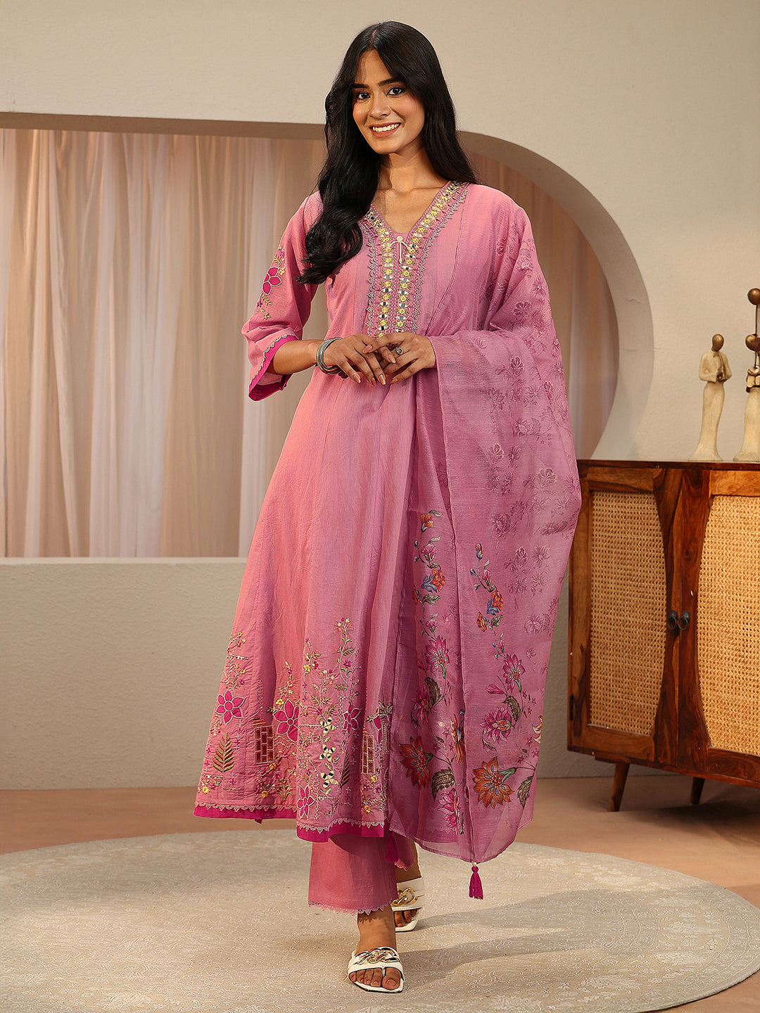 sanjhshringar Rose Pink Floral Embroidered Silk Blend A-line Suit Set