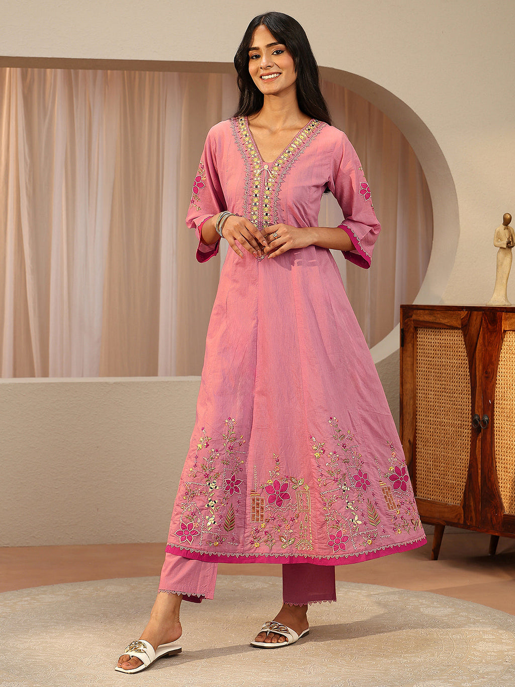 sanjhshringar Rose Pink Floral Embroidered Silk Blend A-line Suit Set