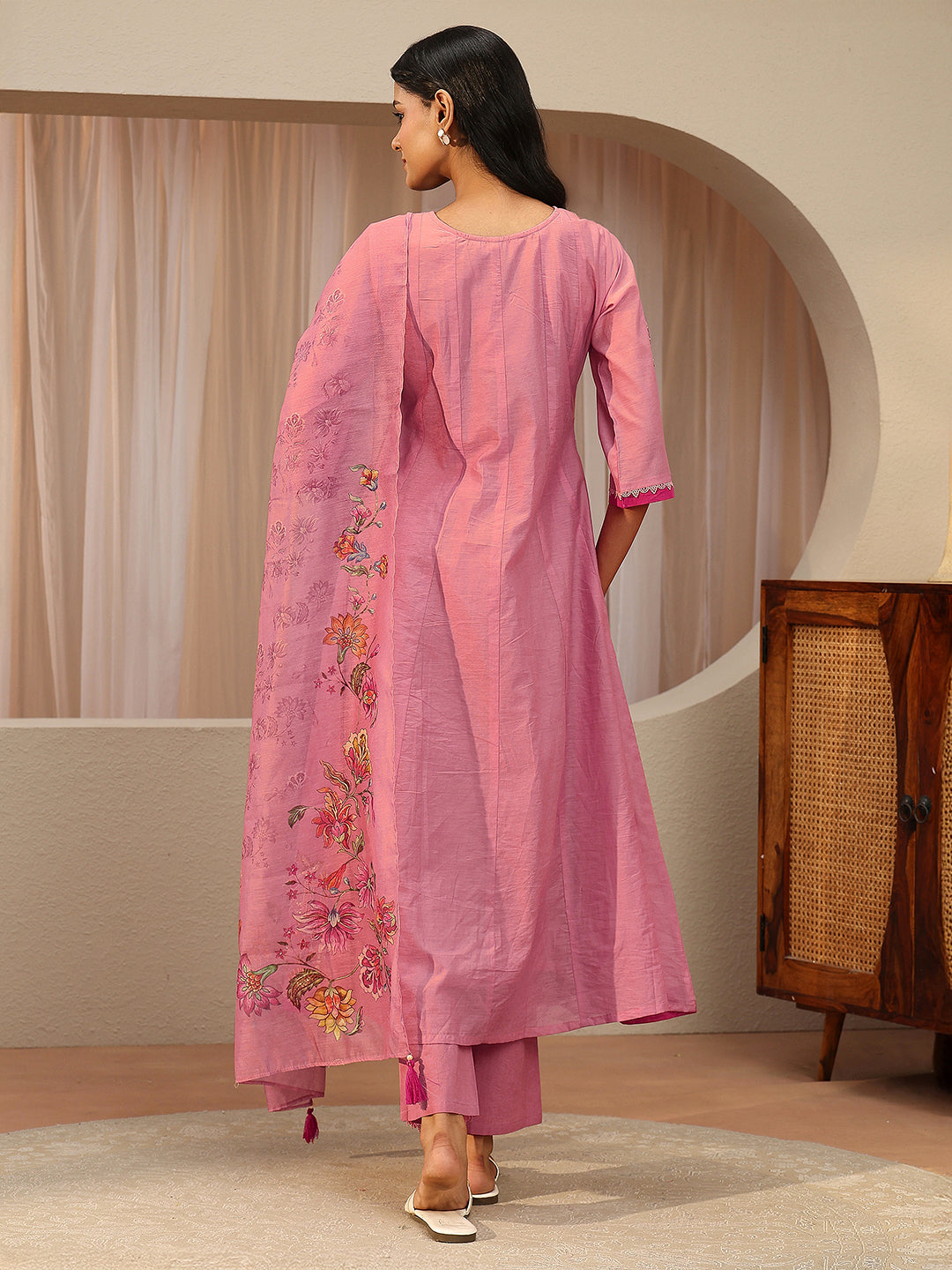 sanjhshringar Rose Pink Floral Embroidered Silk Blend A-line Suit Set
