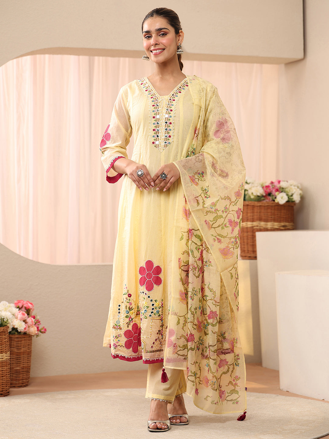 sanjhshringar Ivory Floral Embroidered Silk Blend A-line Suit Set