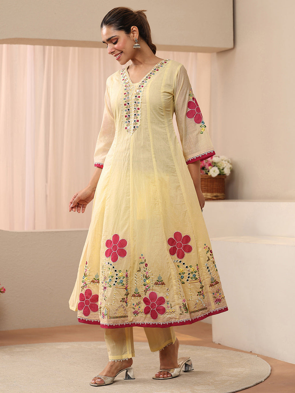 sanjhshringar Ivory Floral Embroidered Silk Blend A-line Suit Set