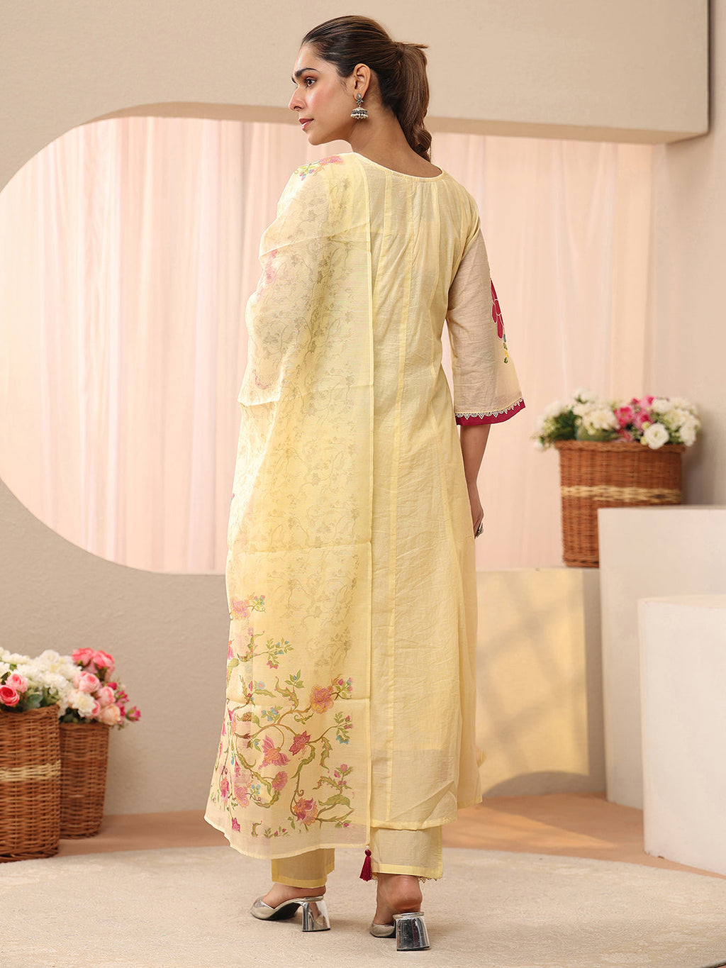 sanjhshringar Ivory Floral Embroidered Silk Blend A-line Suit Set