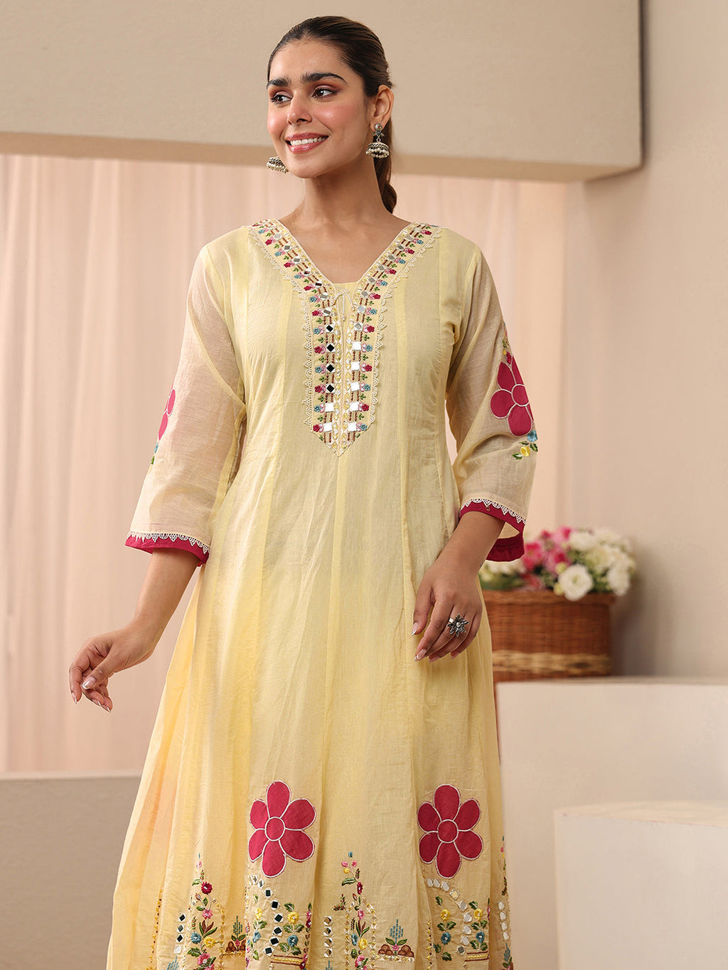sanjhshringar Ivory Floral Embroidered Silk Blend A-line Suit Set