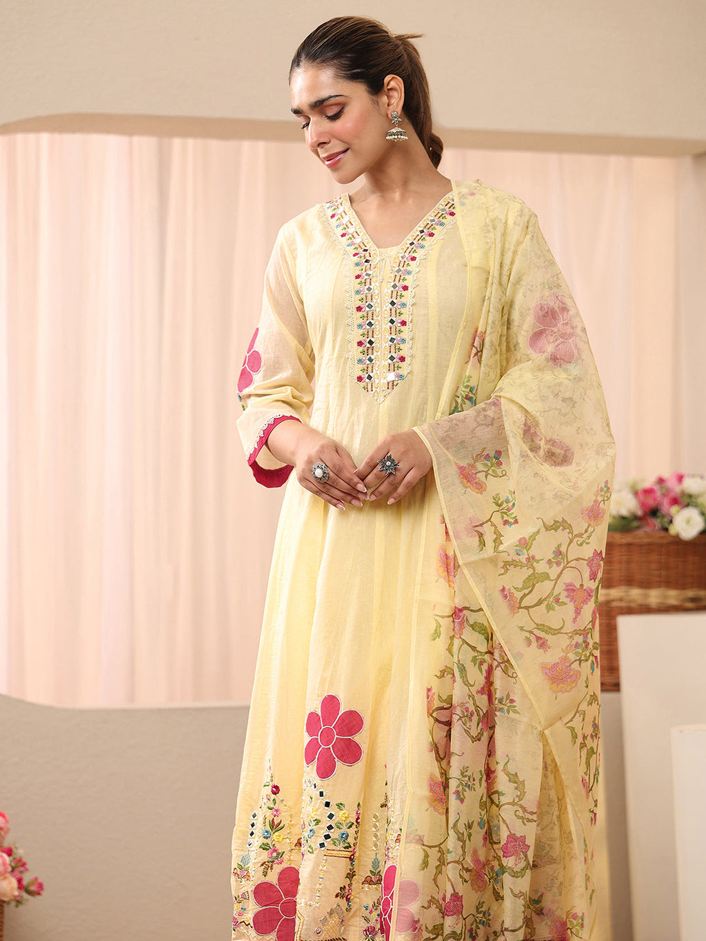 sanjhshringar Ivory Floral Embroidered Silk Blend A-line Suit Set