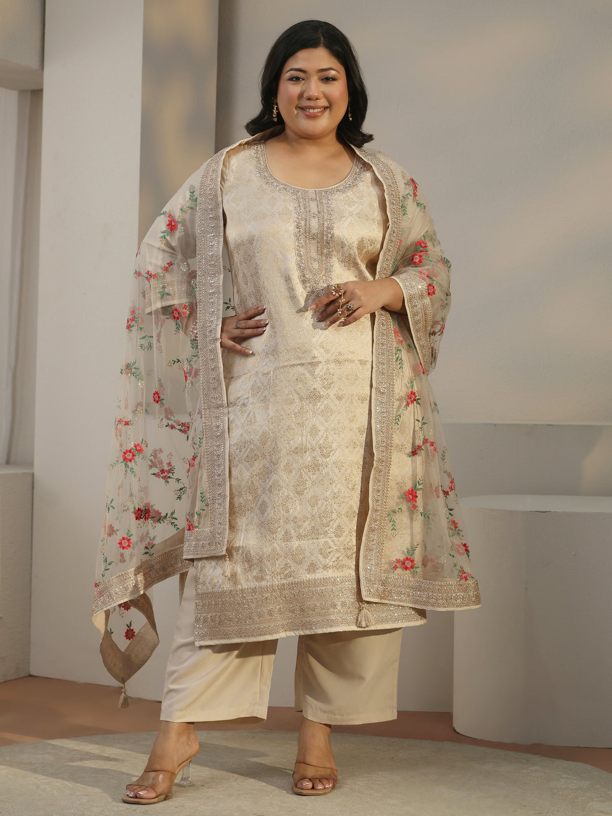 Plus Size Taupe Woven Design Silk Blend Straight Suit Set With Dupatta