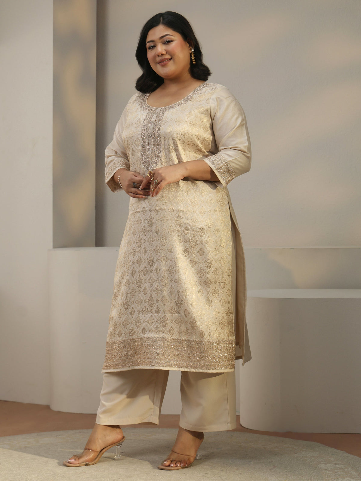 Plus Size Taupe Woven Design Silk Blend Straight Suit Set With Dupatta